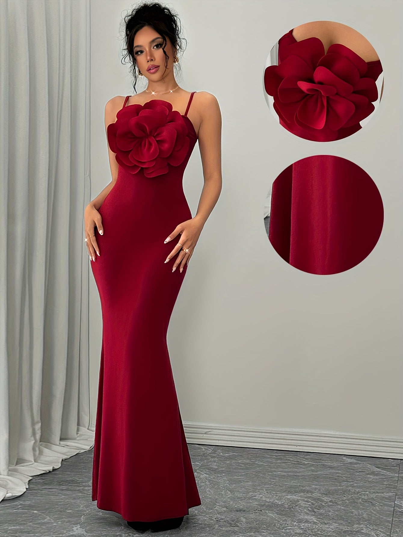 Women'S Stylish Red Off-Shoulder Gown with Large Floral Embroidery - Polyester, Bodycon Fit, Knit Fabric, Perfect for Adult, All Season, Elegant Evening Wear, Floral Embroidery Dress | Offshoulder Gown | Knit Fabric Gown